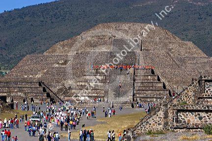 Tourists visit the Pyramid of the Moon at Teotihuacan in the State of Mexico, Mexico.