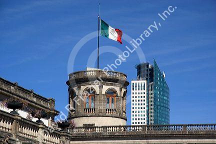 The watchtower known as Caballero Alto of the Chapultepec Castle with the Torre Mayor in the background in Mexico City, Mexico.