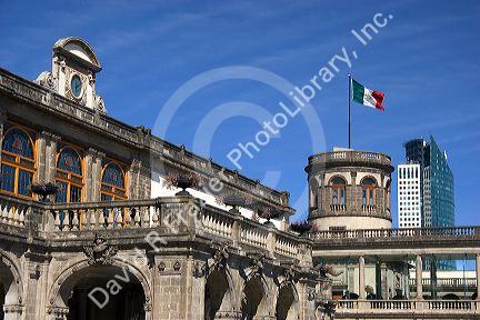 The watchtower known as Caballero Alto of the Chapultepec Castle with the Torre Mayor building in the background in Mexico City, Mexico.