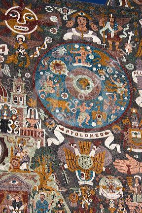 A close up view of the exterior stone mosaic mural on the Central Library on the campus of the National Autonomous University of Mexico in Mexico City, Mexico.