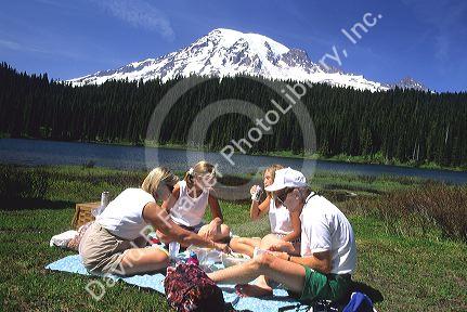 Family having a picnic at Mount Rainier in Washington.