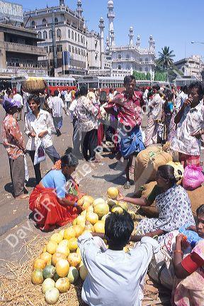 Crowded market scene in Bangalore, India.