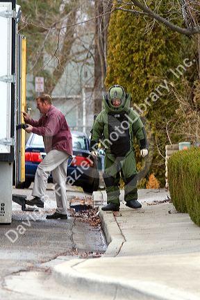 Boise Police Department Bomb Squad officer wearing personal protective equipment in Boise, Idaho.