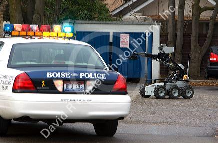 Remote bomb disposal robot being used by the Boise Police Department Bomb Squad in Boise, Idaho.