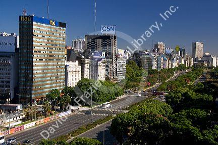 Highrise buildings line the Avenida 9 de Julio in Buenos Aires, Argentina.