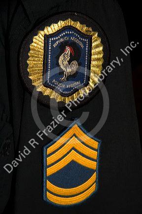 Shoulder patch insignia on the arm of an Argentine federal police officer in Buenos Aires, Argentina.