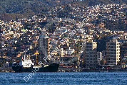 Cargo ship in the Port at Valparaiso, Chile.