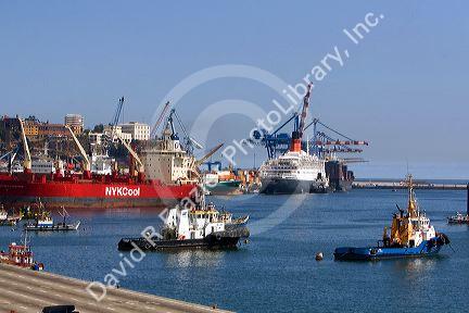 Queen Elizabeth II cruise ship, a container ship, and tug boats in the Port at Valparasio, Chile.
