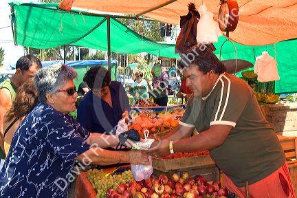 Woman purchasing produce at an outdoor market in Valparaiso, Chile.