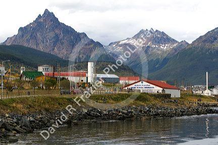 The city of Ushuaia below the Martial mountain range on the island of Tierra del Fuego, Argentina.
