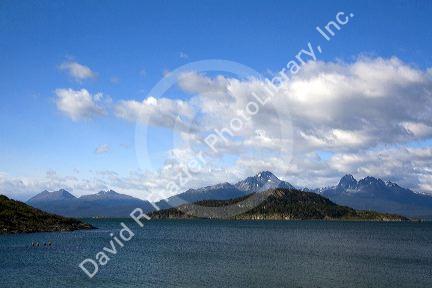 View of the Dientes de Navarino summits in Chile across the Beagle Channel near Ushuaia, Argentina.