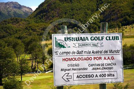 Spanish language sign at the Ushuaia Golf Club in the city of Ushuaia on the island of Tierra del Fuego, Argentina.