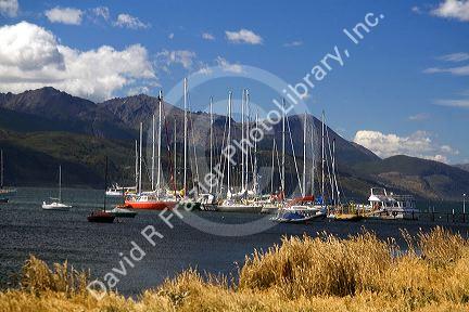 Sailboats in the bay at Ushuaia on the island of Tierra del Fuego, Argentina.