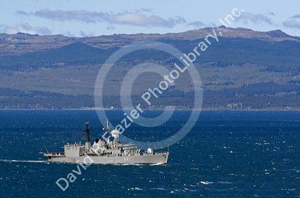 Argentine Navy frigate in the Beagle Channel near Ushuaia, Argentina.