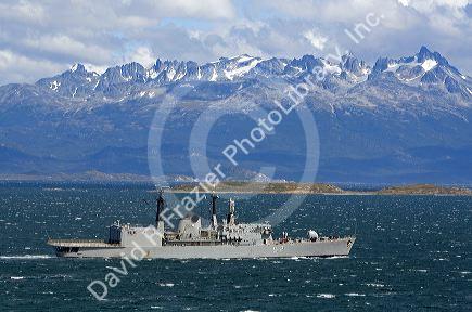 Argentine Navy frigate in the Beagle Channel near Ushuaia, Argentina.