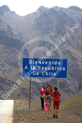 Road sign welcoming you to Chile on the Argentina border in the Andes Mountain Range.