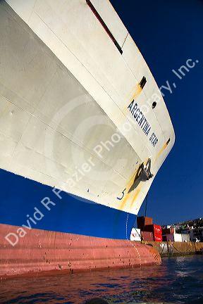 Bow of the Argentina Star container ship docked in the Port at Valparaiso, Chile.