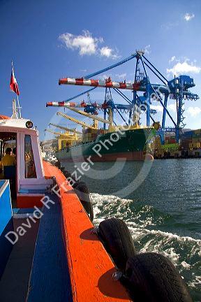 Container ship docked in the Port at Valparaiso, Chile.