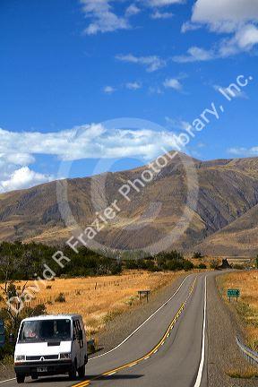 Van traveling on a highway near El Calafate, Patagonia, Argentina.