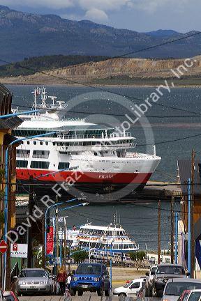 Hurtigruten's Fram Cruise Ship docked in the bay at Ushuaia on the island of Tierra del Fuego, Argentina.