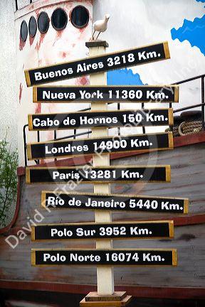 Sign showing distances in kilometers from Ushuaia on the island of Tierra del Fuego, Argentina.