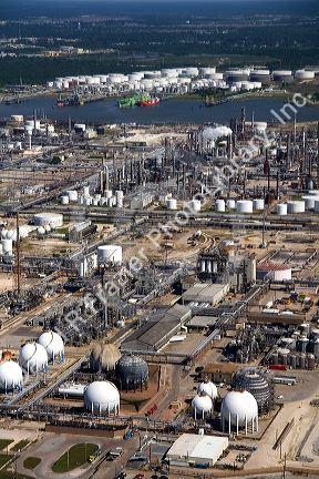 Aerial view of oil refineries along the Houston Ship Channel in Houston, Texas.