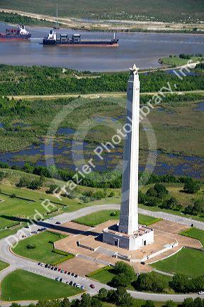Aerial view of the San Jacinto Monument along the Houston Ship Channel in Houston, Texas.