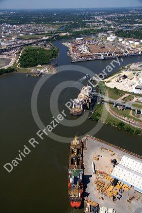 Aerial view of the Port of Houston along the Houston Ship Channel in Houston, Texas.