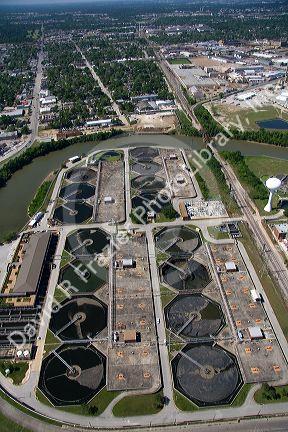 Aerial view of a sewage treatment facility along the Houston Ship Channel in Houston, Texas.