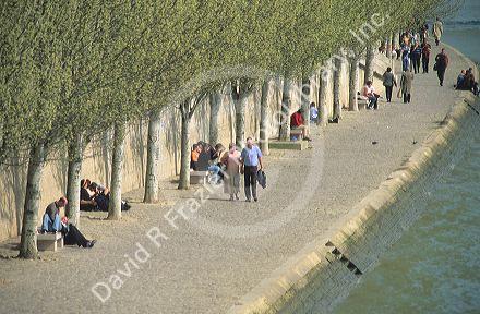 Riverwalk along the Seine River in Paris, France.