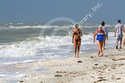 Beachcombers searching for seashells on the beach at Sanibel Island on the Gulf Coast of Florida.