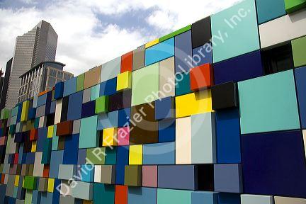 Synchronicity of Color public art installation by Margo Sawyer at Discovery Green public park in Houston, Texas.