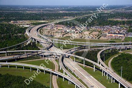 Aerial view of the freeway interchange of Interstate 45 and the State Highway Beltway 8 in Houston, Texas.