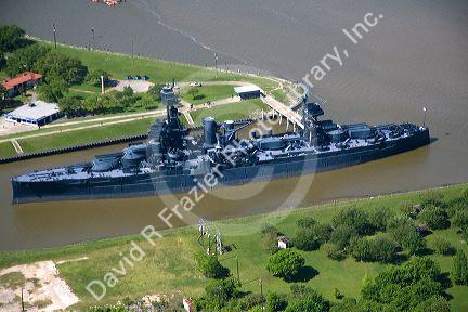Aerial view of the Museum Battleship USS Texas at the San Jacinto Battleground State Historic Site in Houston, Texas.