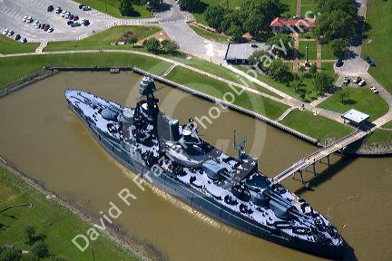 Aerial view of the Museum Battleship USS Texas at the San Jacinto Battleground State Historic Site in Houston, Texas.