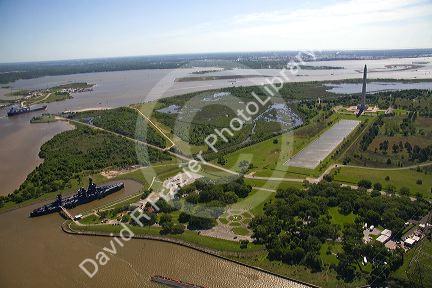 Aerial view of the San Jacinto Battleground State Historic Site along the Houston Ship Channel in Houston, Texas.