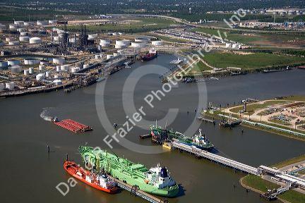 Aerial view of ships and barges along the Houston Ship Channel in Houston, Texas.