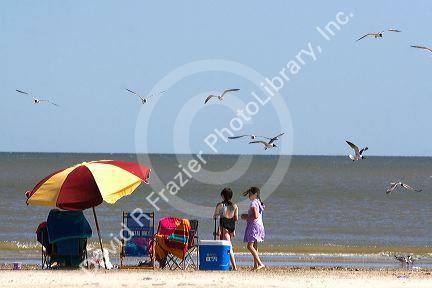 Galveston Beach on the Gulf of Mexico in Galveston, Texas.