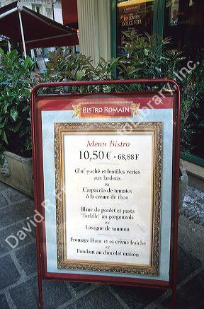 A menu for a restaurant in Paris, France.