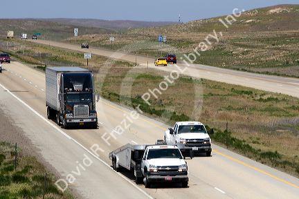 Trucks travel on Interstate 84 west near Boise, Idaho.