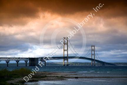 The Mackinac Bridge spanning the Straits of Mackinac at Mackinaw City, Michigan.