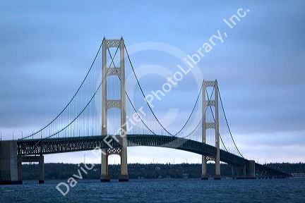 The Mackinac Bridge spanning the Straits of Mackinac at Mackinaw City, Michigan.