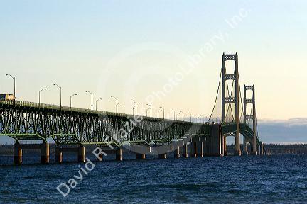 The Mackinac Bridge spanning the Straits of Mackinac at Mackinaw City, Michigan.