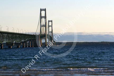 The Mackinac Bridge spanning the Straits of Mackinac at Mackinaw City, Michigan.