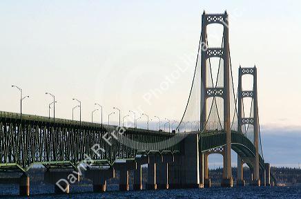 The Mackinac Bridge spanning the Straits of Mackinac at Mackinaw City, Michigan.