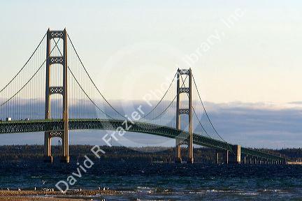 The Mackinac Bridge spanning the Straits of Mackinac at Mackinaw City, Michigan.