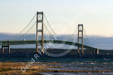 The Mackinac Bridge spanning the Straits of Mackinac at Mackinaw City, Michigan.