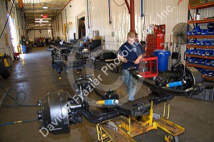 The rear axle assembly of a truck chassis at Spartan Motors in Charlotte, Michigan.
