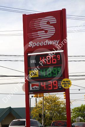 Gas prices on display at a gas station in Lansing, Michigan.