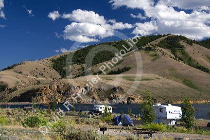 RV camping at Joe T. Fallini BLM campground at Macay Reservoir below the Lost River Range in central Idaho at Mackay Reservoir.